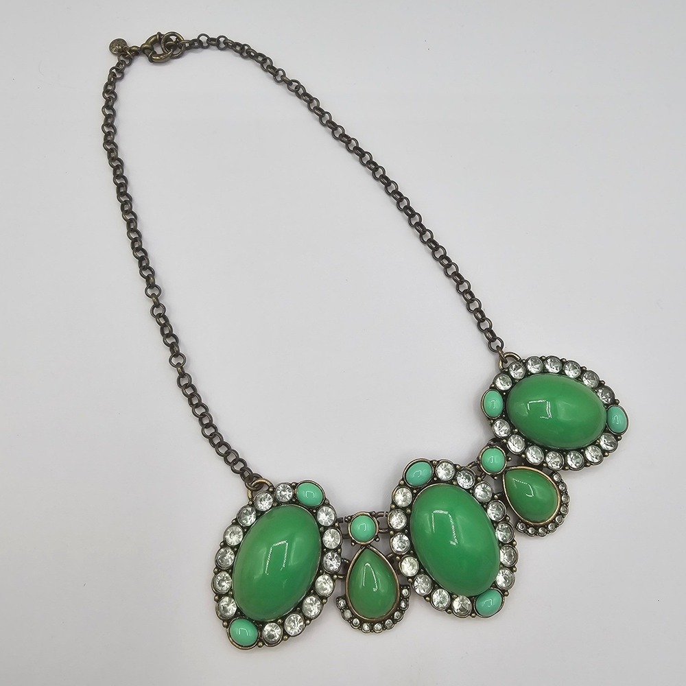 J.Crew Statement Necklace Green Cabochon Rhinestone Bib 18.25" Bold Chunky Glam